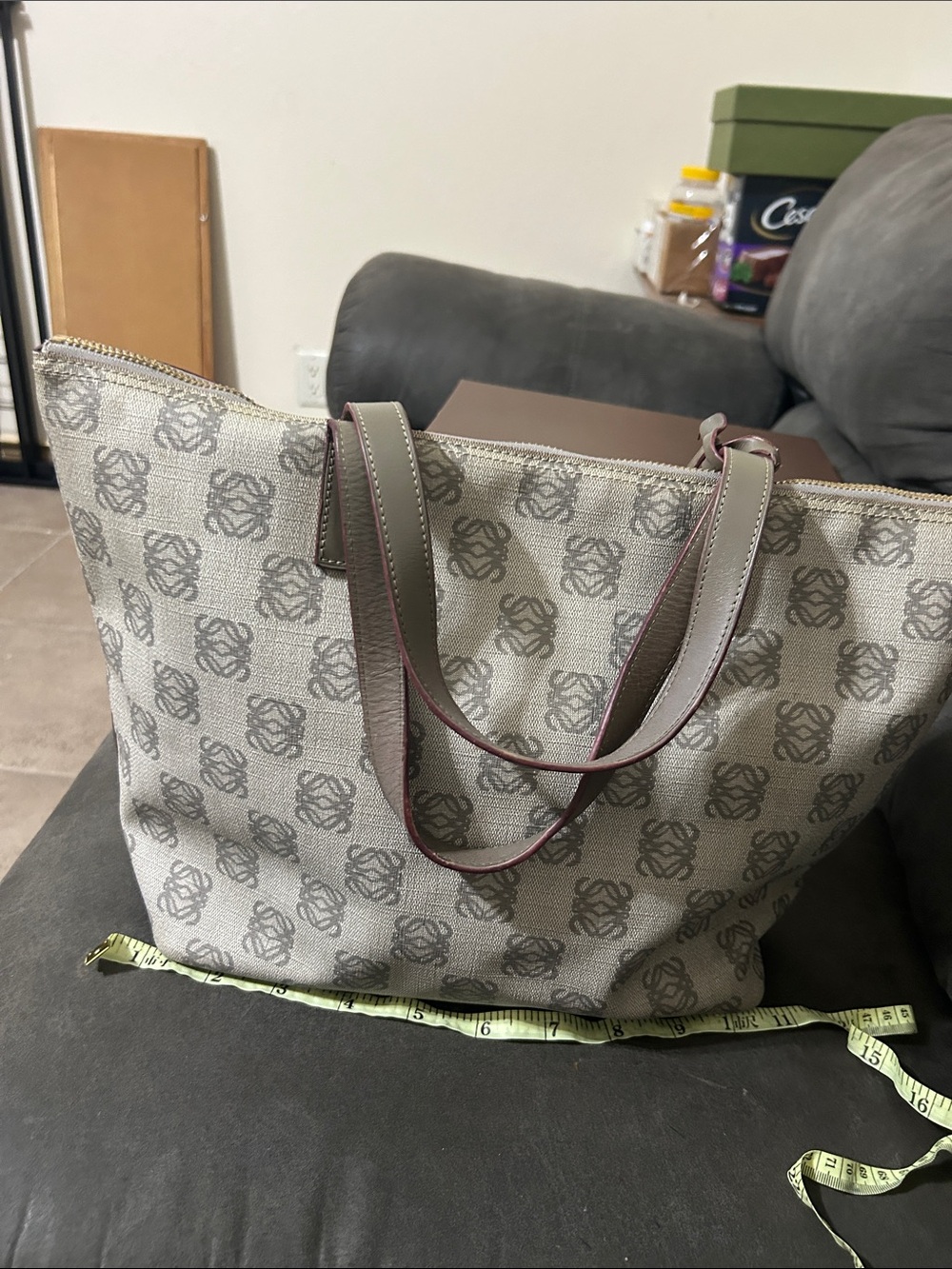 Loewe Beige Canvas Anagram Tote with Taupe Handles